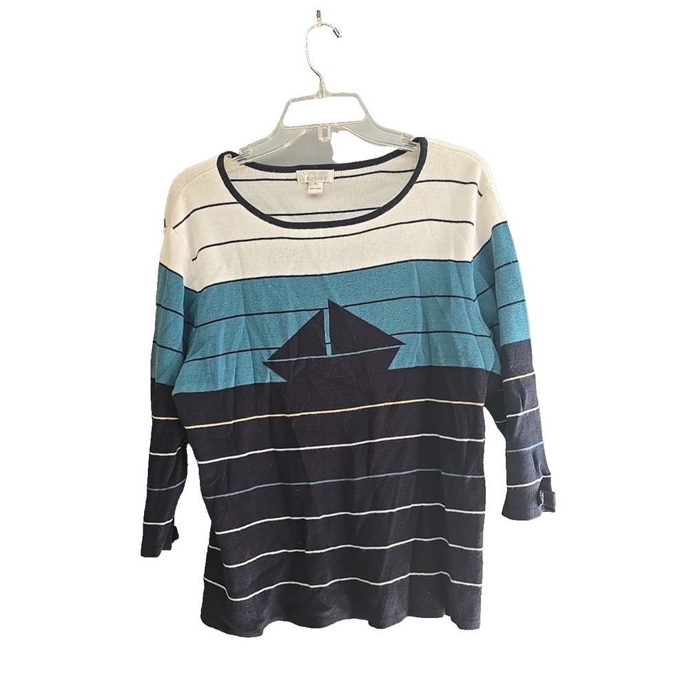 Christopher & Banks‎ Black Blue Striped Nautical 3/4 Sleeve Sweater Womans Sz XL